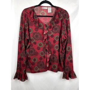 Vintage Faded Glory Red Mandala Boho Ruffle V-Neck Flare Sleeve Top XL 90s Y2K